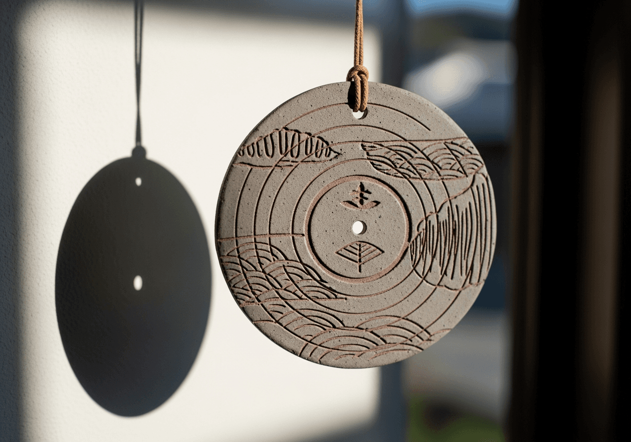 Close-up of a ceramic record-shaped wind chime with a carved pattern