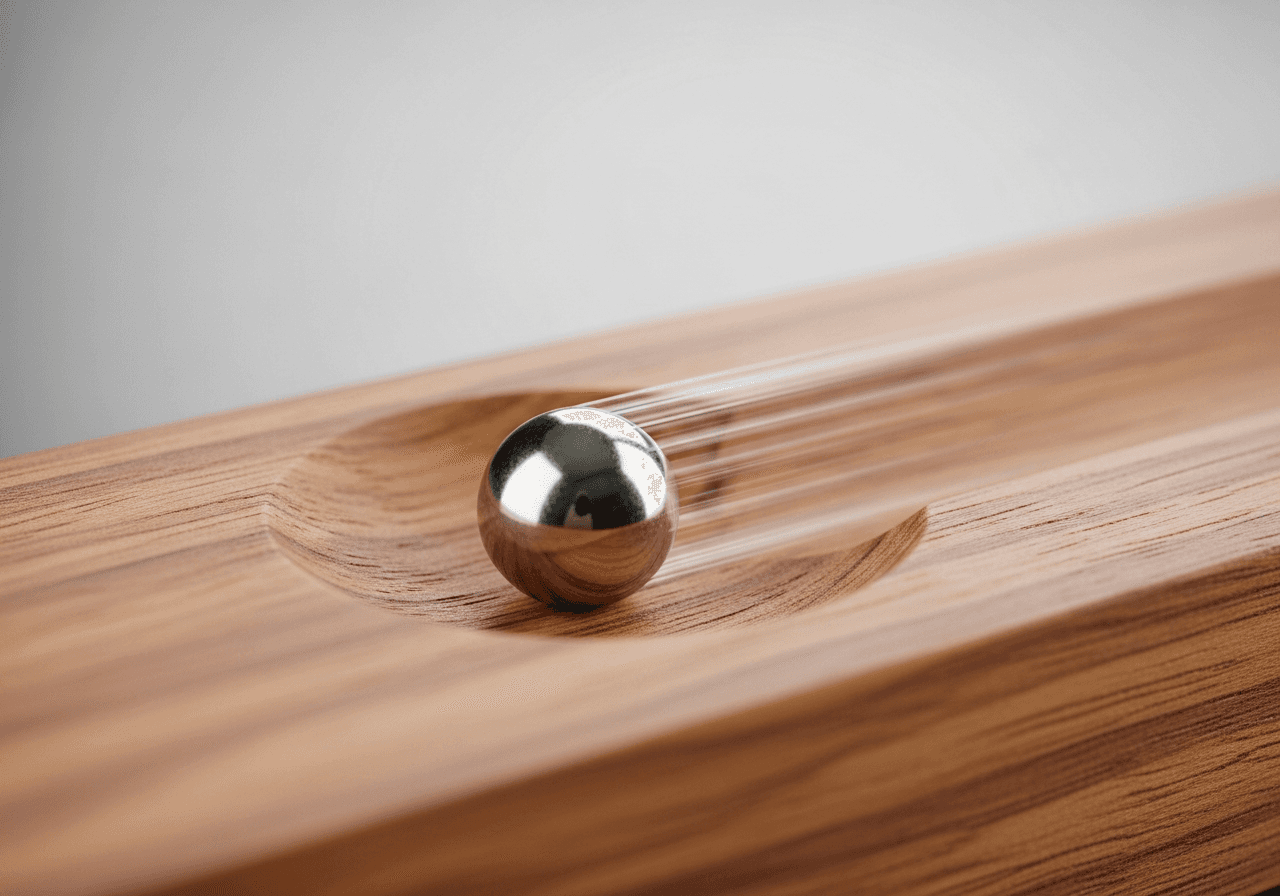 Macro photo of a small magnetic steel ball rolling inside a circular wooden groove
