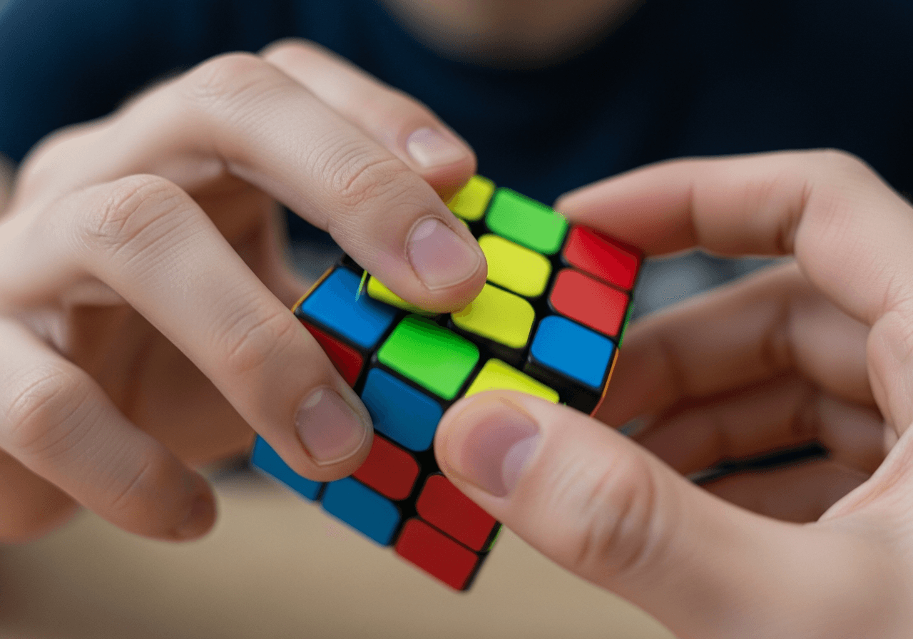 Close-up of hands twisting a layer of a Rubik's Cube mid-solve