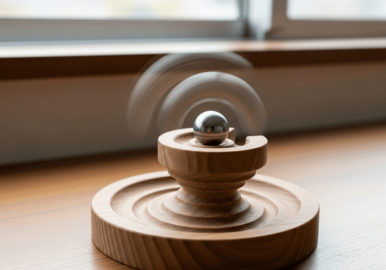 Close-up of a ball rolling along a carved wooden spiral groove