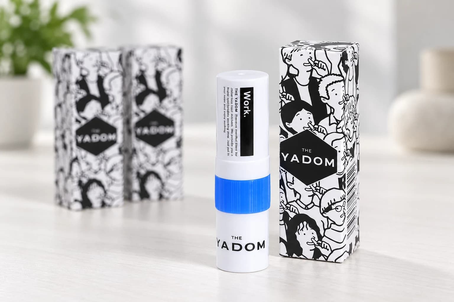 Yadom aroma stick and illustrated carton product photograph