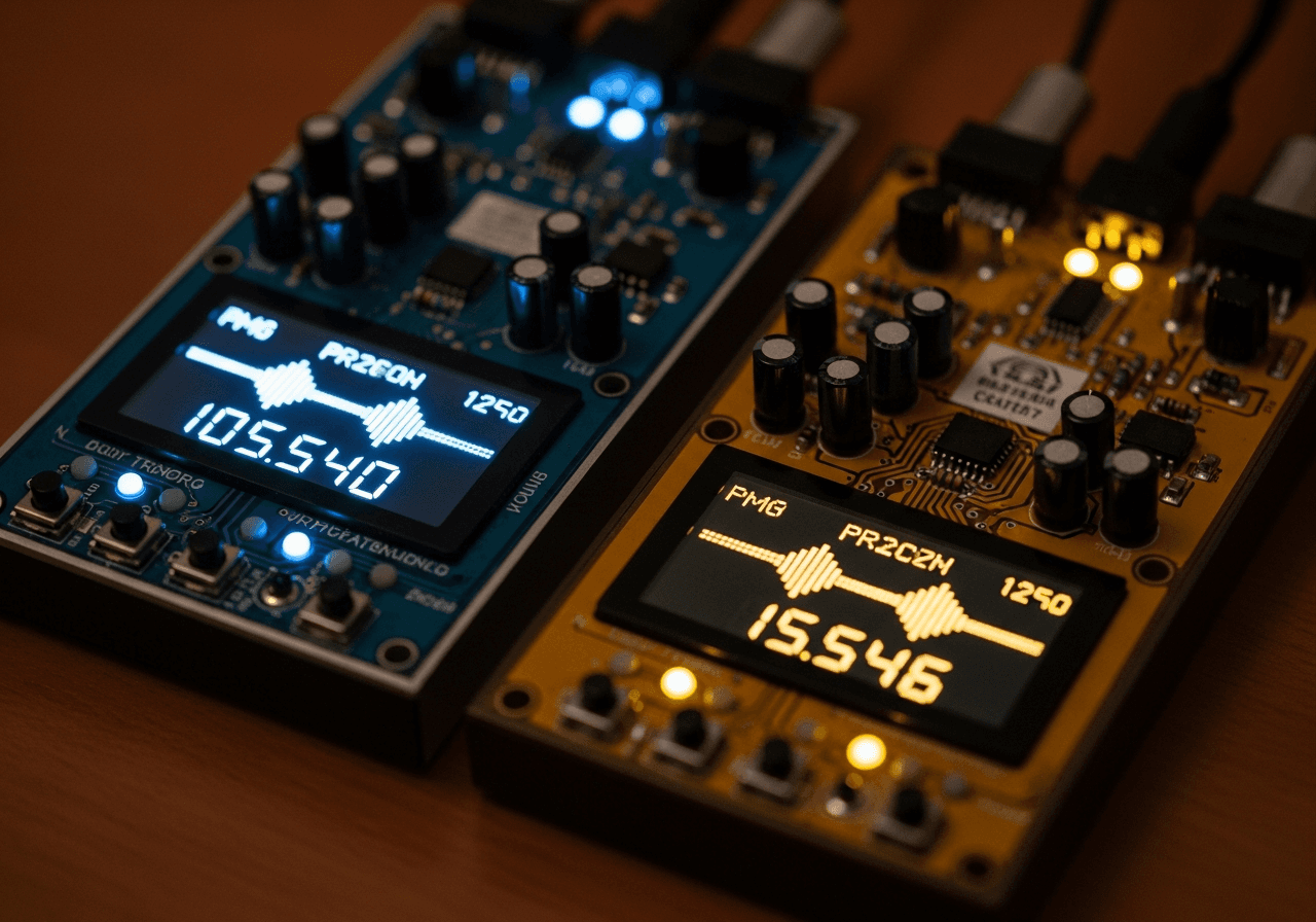 Close-up of two small synthesizers glowing in sync