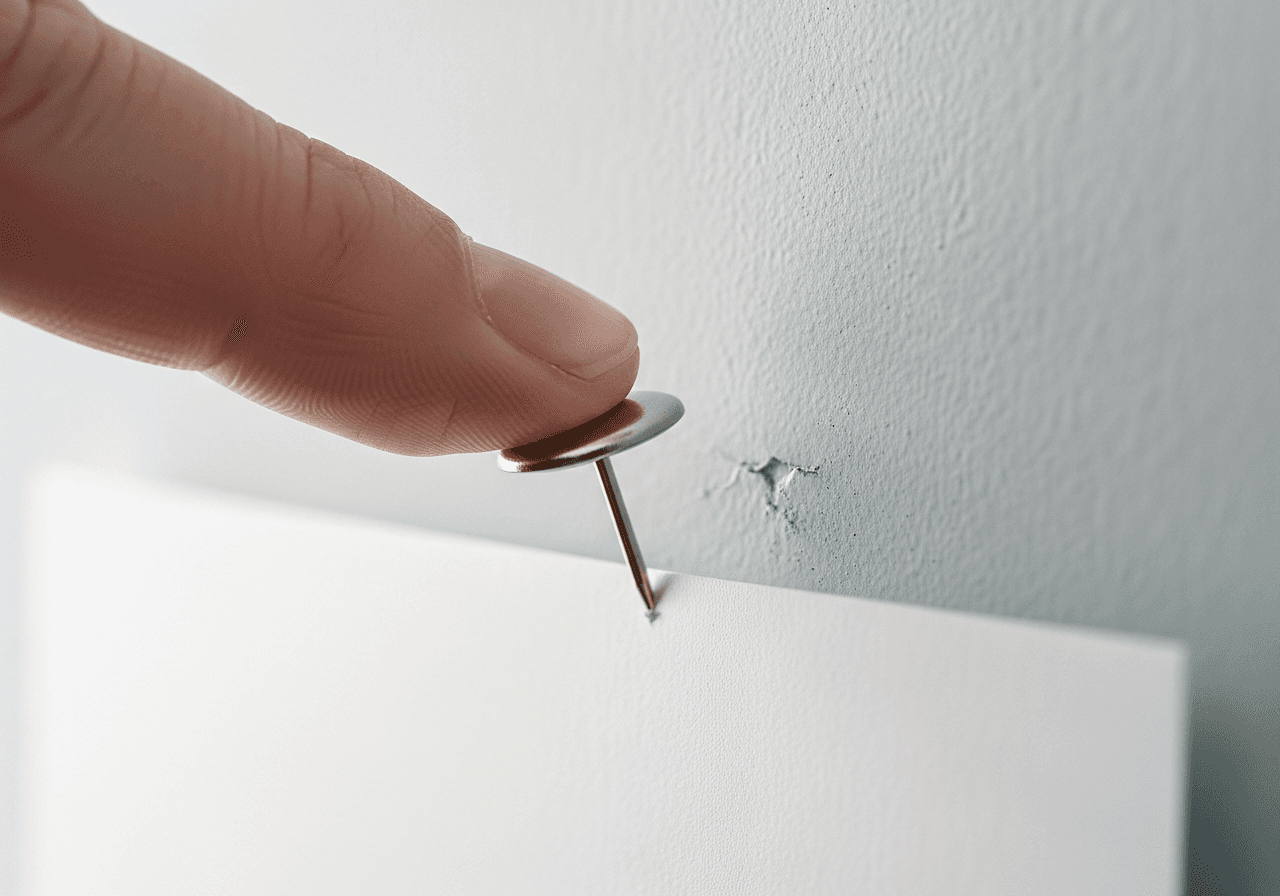 Close-up of a finger pressing a pushpin into a wall
