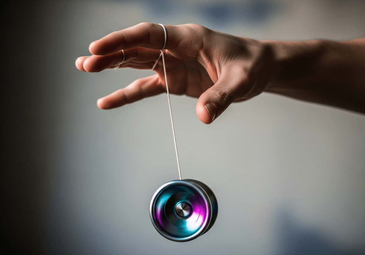 Close-up of a hand controlling a yo-yo mid-sleep at the end of the string