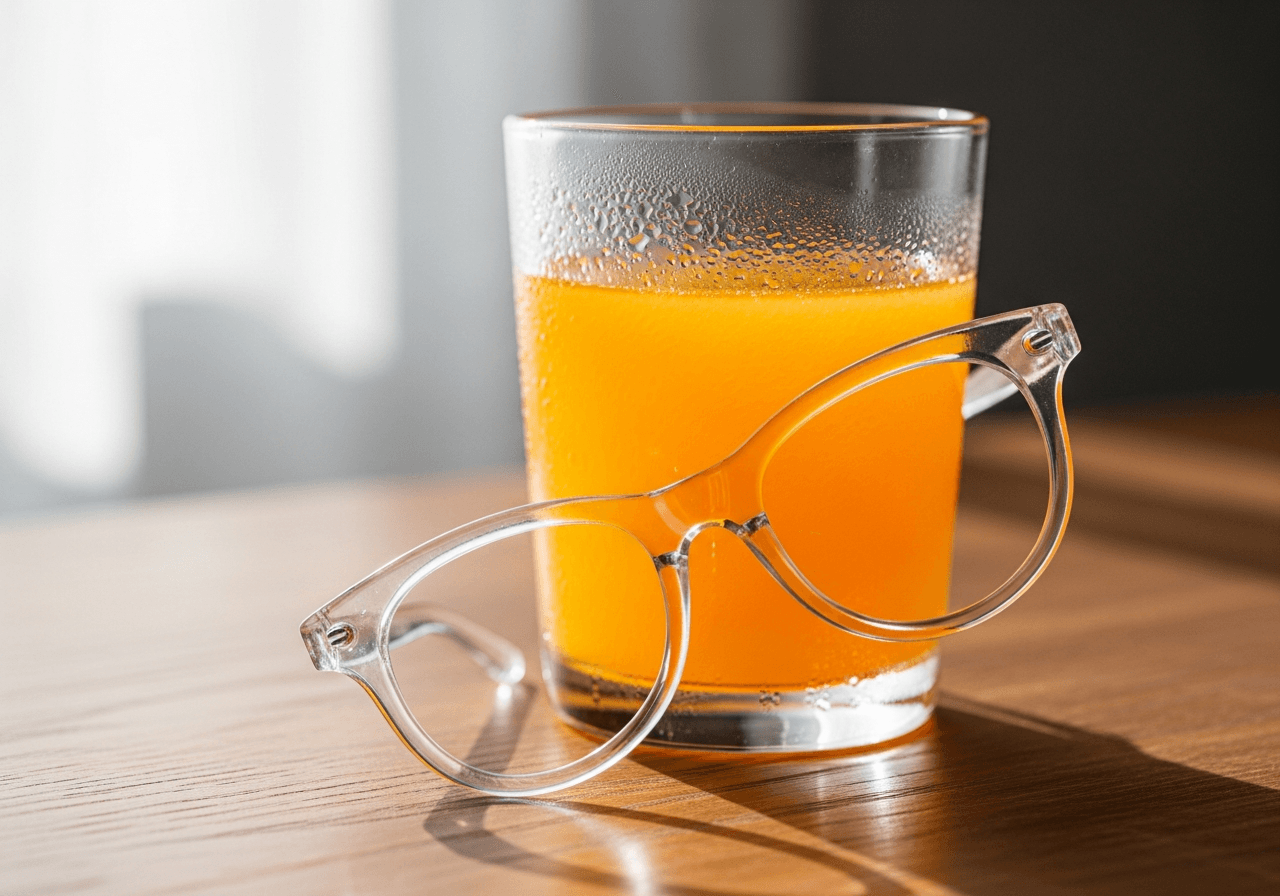 A clear glasses-shaped straw next to a glass of orange soda