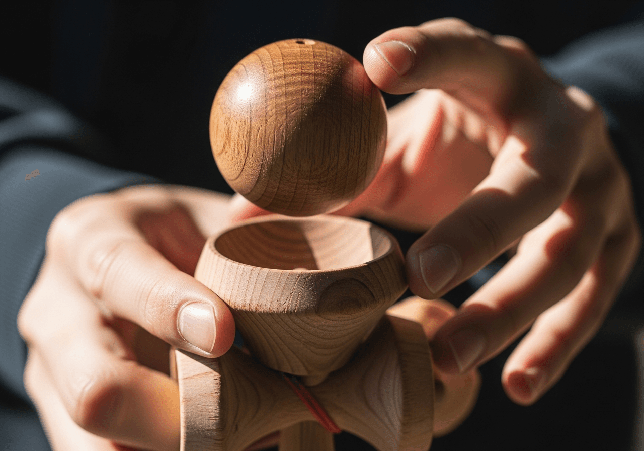A hand about to set the ball onto a distorted kendama's cup