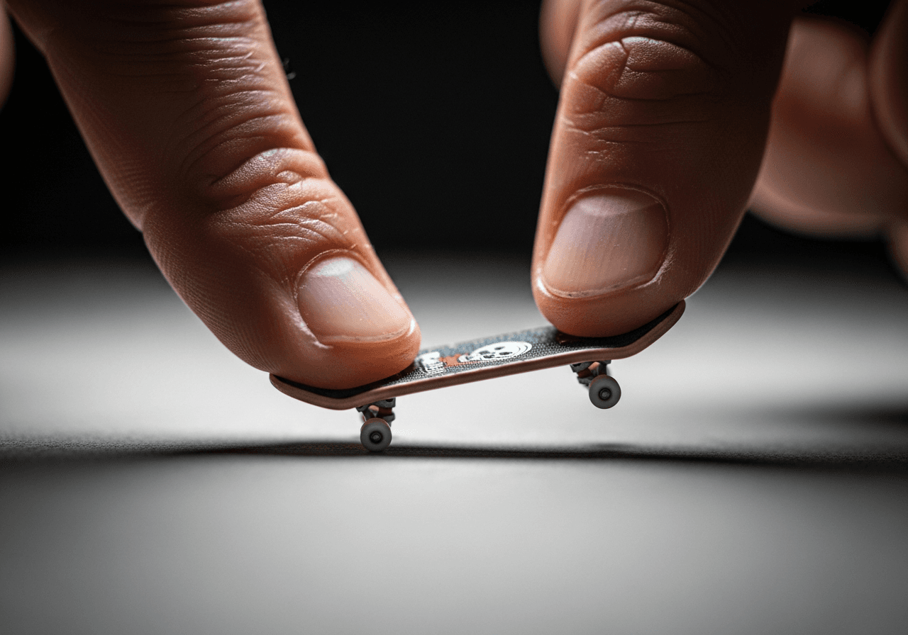Macro photo of two fingers landing a trick on a fingerboard