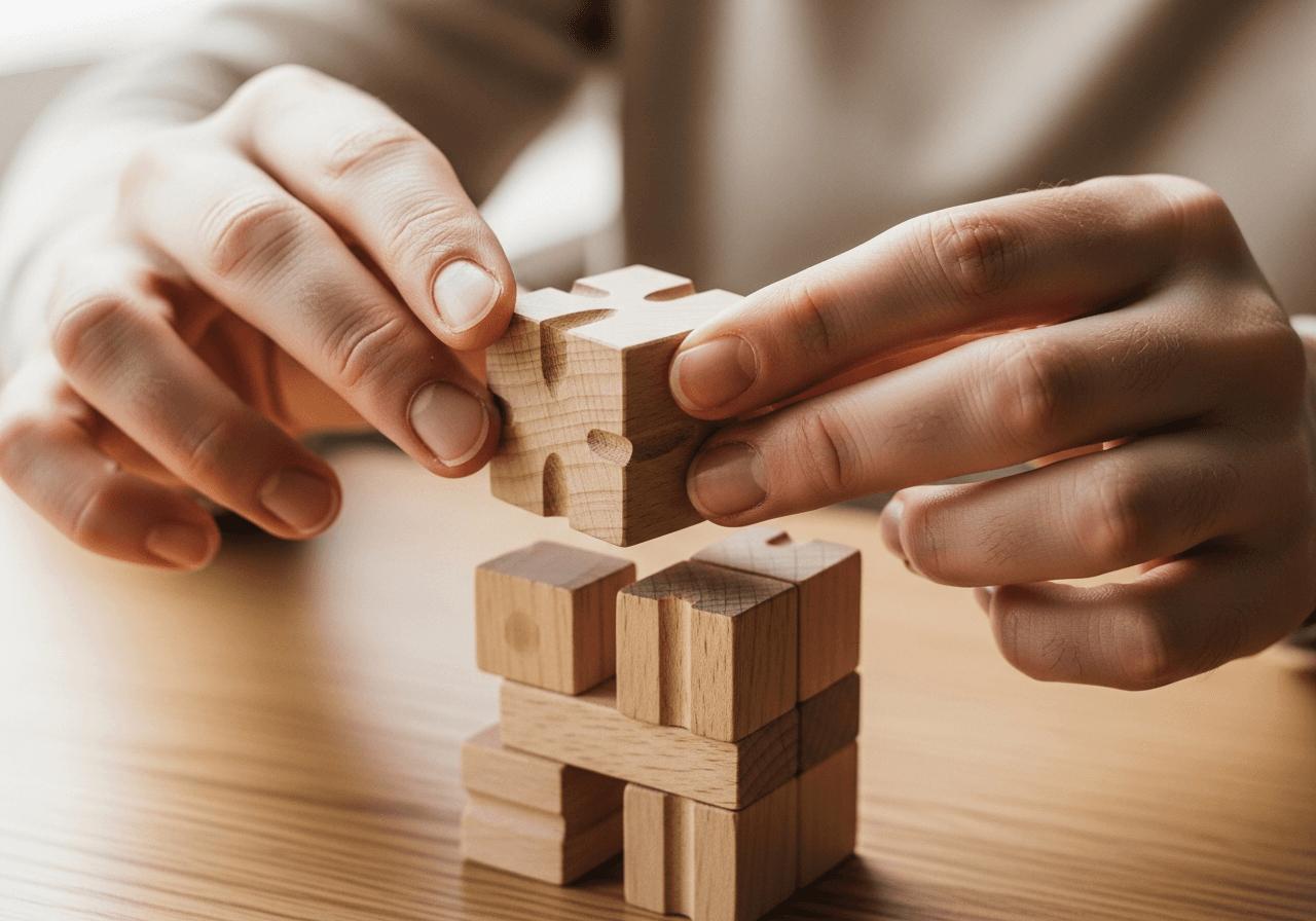 Hands placing a wooden cuboro block onto a partially built tower